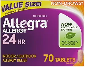 Allegra Voksen 24 timers Allergi tabletter, 180Mg, Bemærkelsesværdig Relief i 1 time, (70 Tæl)