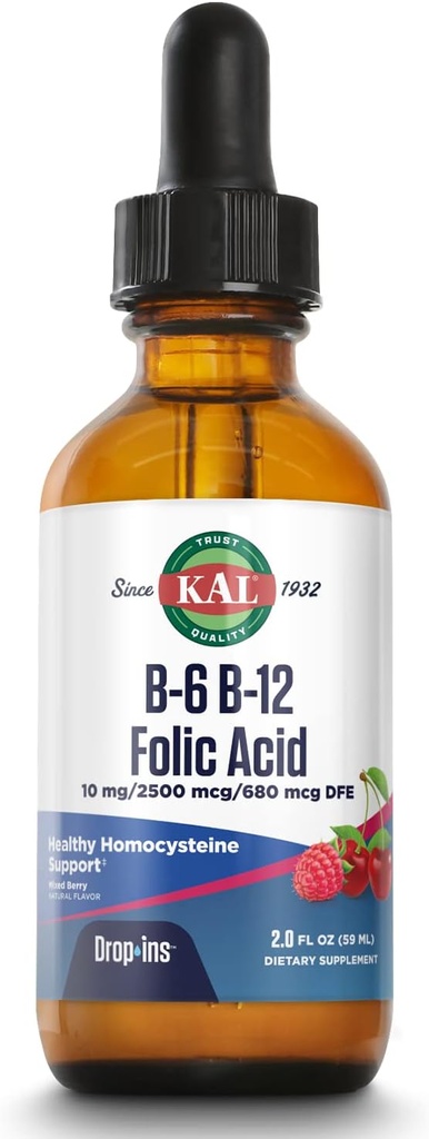 KAL Vitamin B-6 B-12 Folic Acid DropIns, Liquid Vitamin B Supplement Drops, Heart Health, Energy, Red Blood Cell Support with Methyl B12 and Methyl Folate, Natural Mixed Berry Flavor, 59 Servings, 2oz