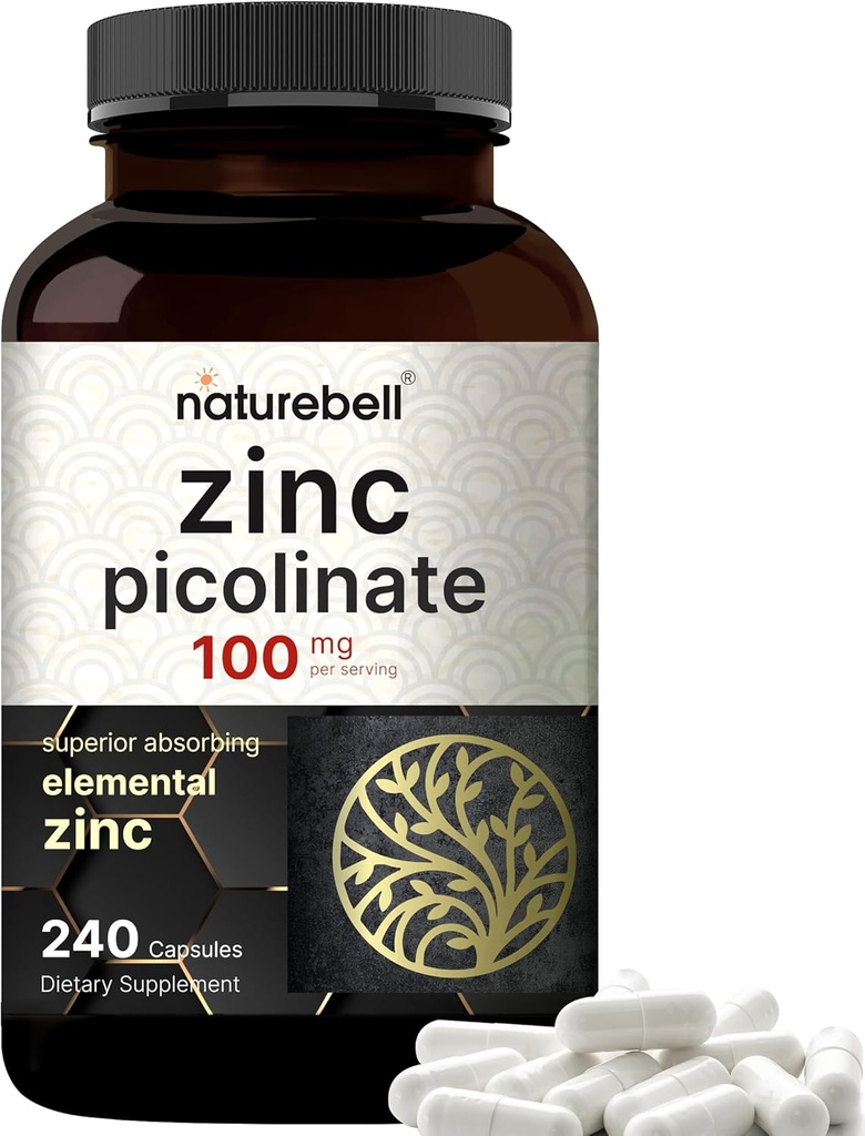 Høj potens Zink Picolinate 100mg - 240 kapsler, Biotilgængelig form af zink til immunforsvar og hudsundhed - non-GMO og gluten