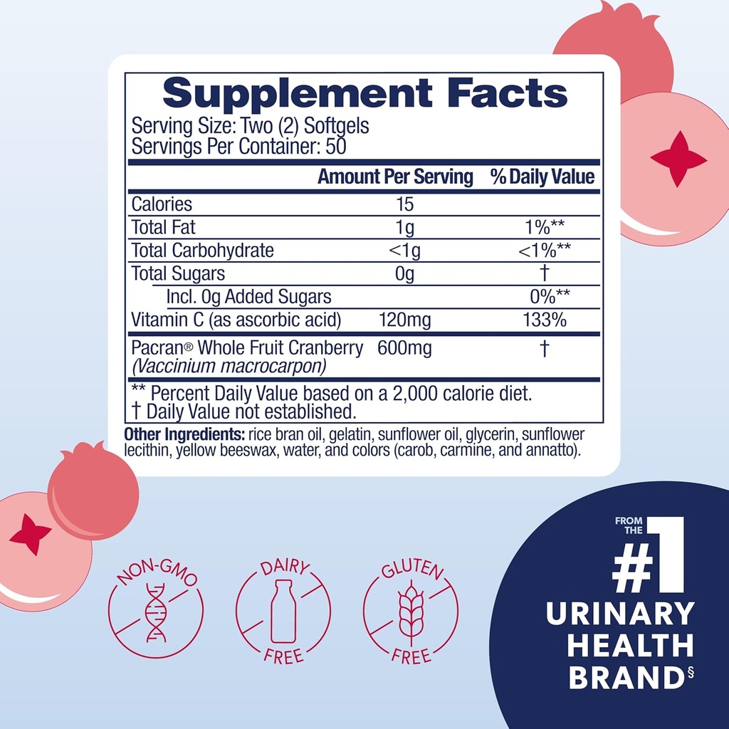 AZO Cranberry Pro Urinary Tract Health Supplement 600mg PACRAN, 1 Servering: Mere end 1 glas Cranberry Juice, Sugar Free Cranberry Pills, Non- GMO 100 Softgels (Pack of 2)