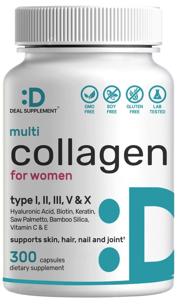 Multi Collagen Pills for Women & Men with Vitamin C, E & Biotin, 300 Capsules – Type I, II, III, V, X Hydrolyzed Collagen Peptides – 11 in 1 Formula with Saw Palmetto, Bamboo Silica, & Hyaluronic Acid