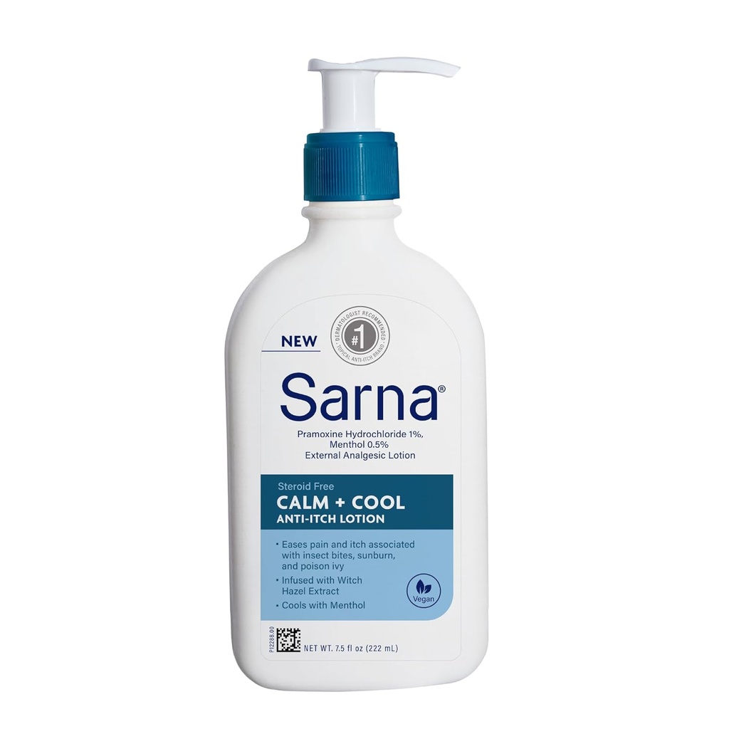 Sarna Calm + Cool Anti- Itch Lotion, Sothe og Relieve Pain og Itch fra Insect Bites, Sunburn, & Poison Ivy, Indeholder 1% Pramoxine Hydrochlorid, 0,5% mentol, Vegan, Steroid- Free, 7.5oz