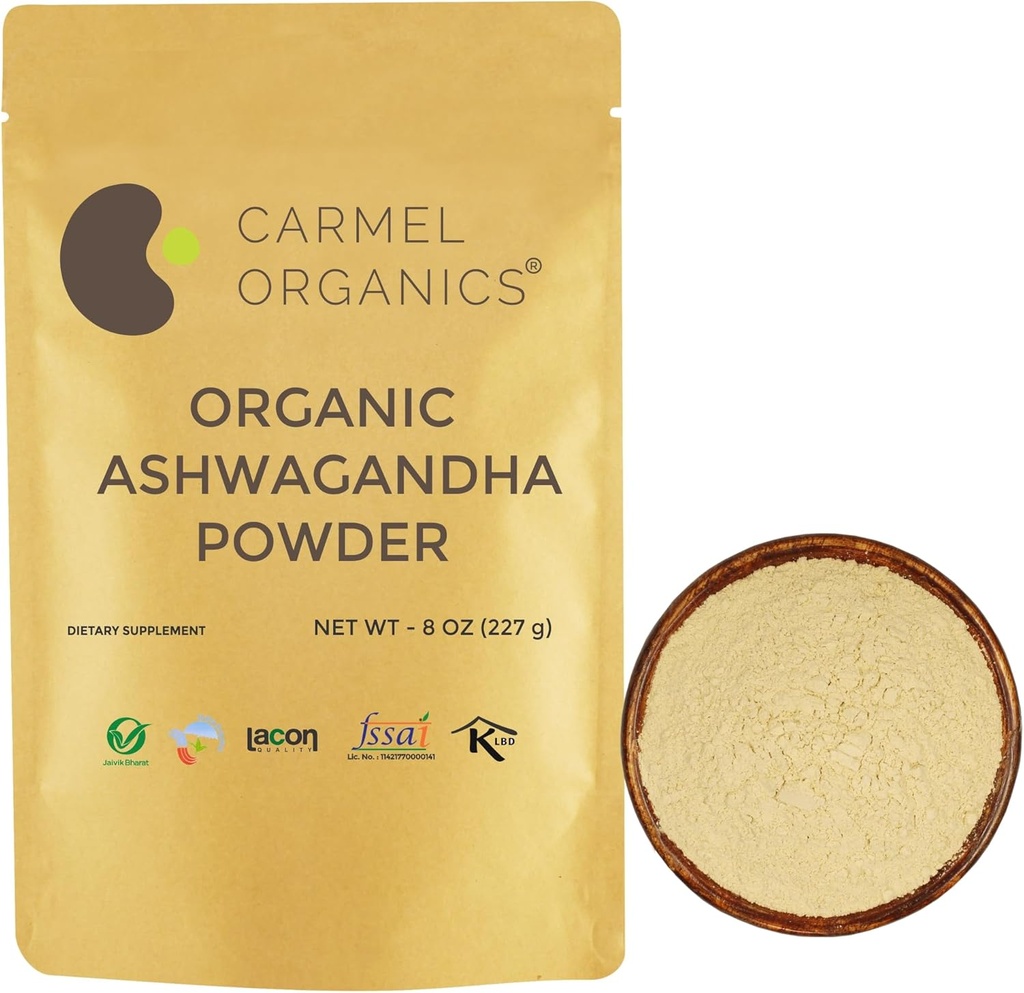 CARMEL ORGANICS Organic Ashwagandha Root Powder (8 Oz eller 227g / 0,5 Lbs) USDA Certified. Lab Testet, Non GMO & Gluten Free against 124; Withania Somnifera fra Indien
