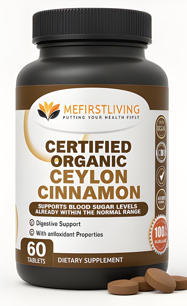 Me First Living Ceylon Cinnamon 1000mg, 100% Certified Organic Ceylon Cinnamon, Non- GMO, True Cinnamon, Metabolisme Support, Antioxidant - 60 tabletter