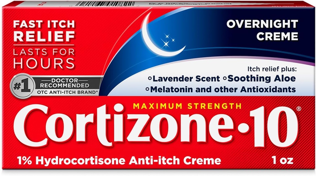 Kortison-10 Maksimal styrke Overnatning Itch Relief Cream, 1% Hydrocortison, Fast- Actioning, Lavendel Scented Anti- Itch Cream til Bug Bites, Udslæt, Eksem, Psoriasis, Poison Ivy, Oak, Sumac, 1 oz