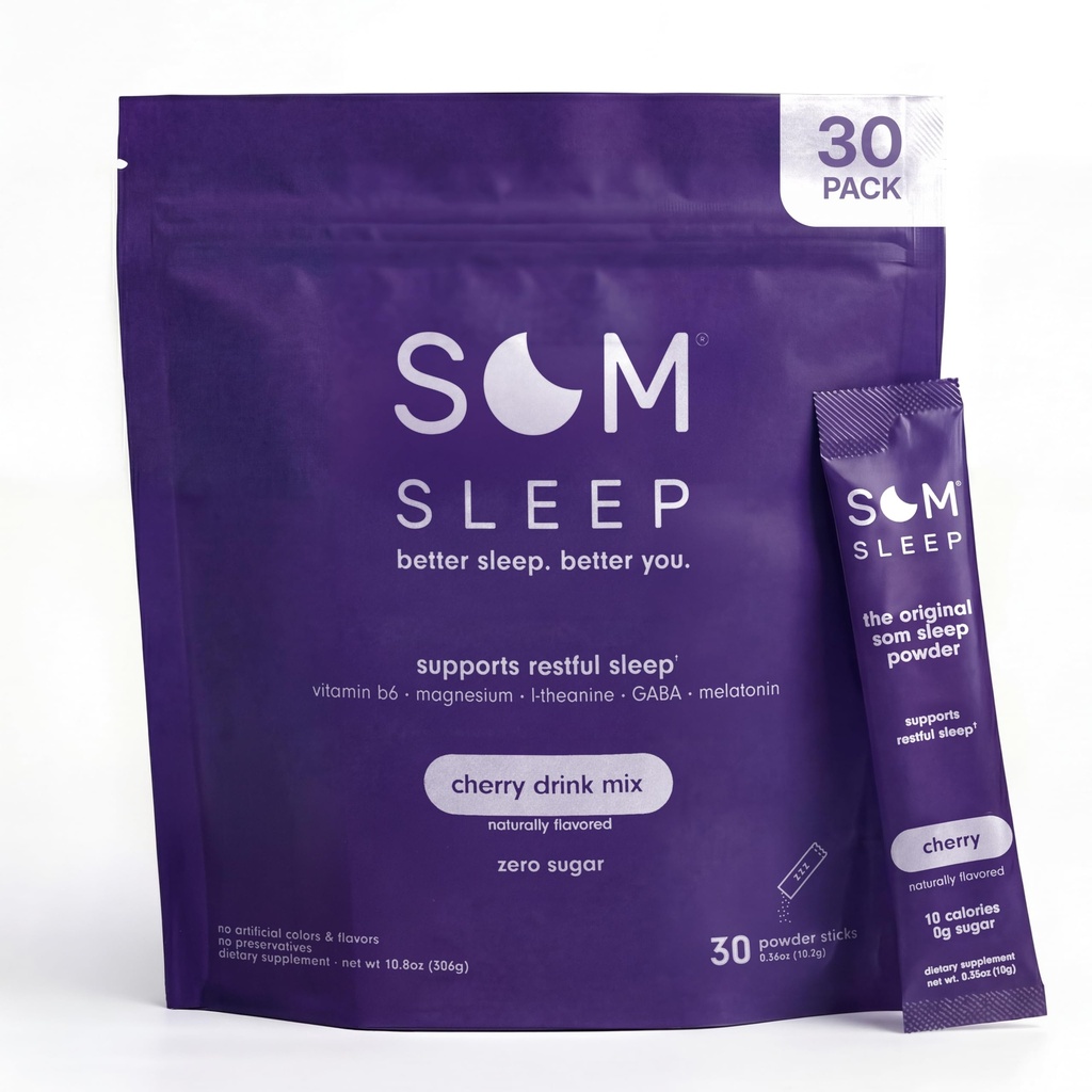 Som søvn, rolig sovemiddel pulver mix, 3 mg melatonin, magnesium, vitamin B6, L-Theanine & GABA - Vegan, Zero Sugar, Keto Friendly - Cherry, 30- Pack