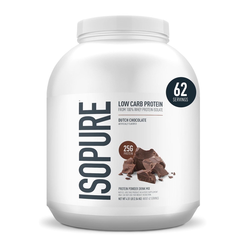 Isopure Low Carb 100% Pure Whey Isolate Protein Powder, Lactose Free, Gluten Free, Med vitaminer, hollandsk chokolade, 25g Protein Per Servering, 4.5 Lbs, 62 Servering (Packaging May Vary)