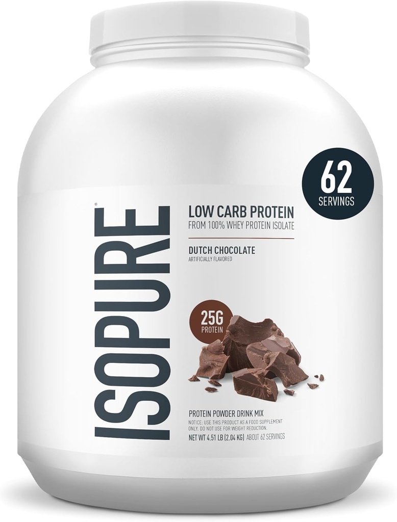 Isopure Low Carb 100% Pure Whey Isolate Protein Powder, Lactose Free, Gluten Free, Med vitaminer, hollandsk chokolade, 25g Protein Per Servering, 4.5 Lbs, 62 Servering (Packaging May Vary)