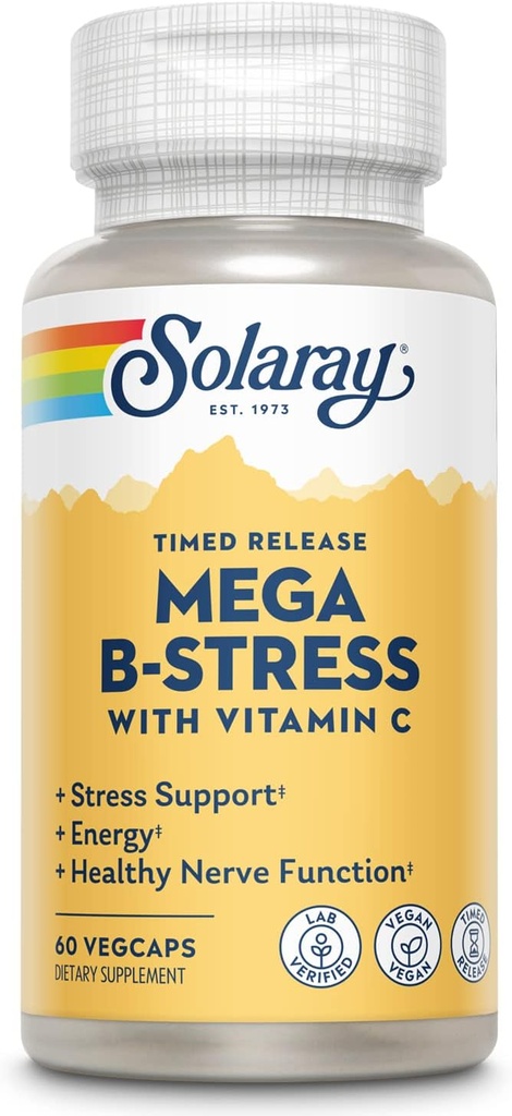 SOLARAY Mega Vitamin B- Stress, Tids- Release Vitamin B Kompleks med 1000 mg C-vitamin til stress, energi, røde blodceller & immunforsvar, 60 dages garanti, Vegan, 20 Servere, 60 VegCaps