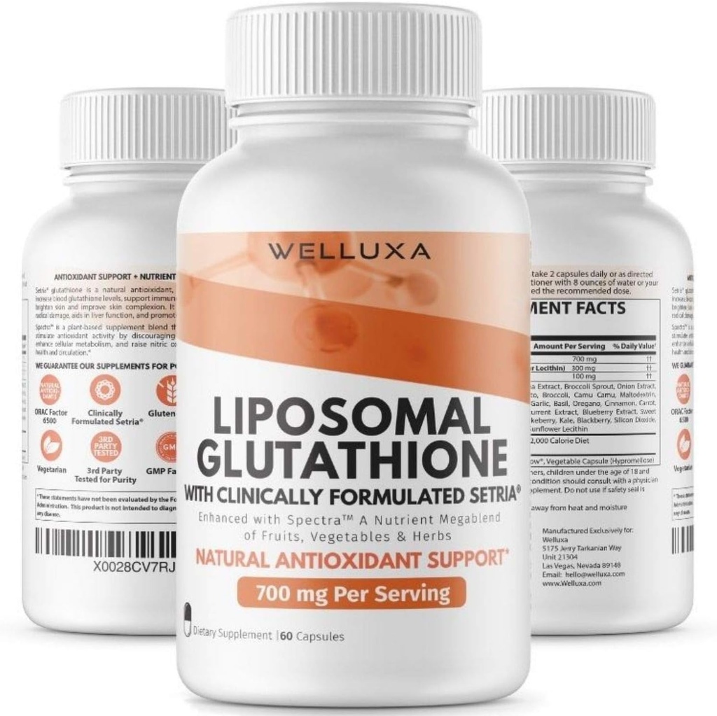 Liposomal Glutathion (Setria ® 700 mg) - Glutathion - Glutathion Supplement - Active Form Pure Glutathion - Enhanced Absorption - Non GMO Antioxidant, Detox, Cardiovaskulær, Immunforsvar (60 ct)
