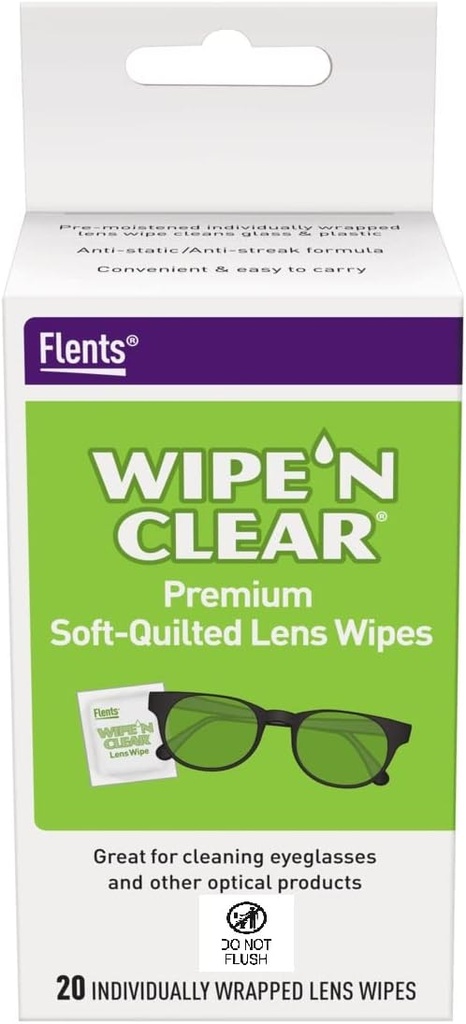 Flints Lens Wipes, Tør 'N Clear, 20 Greve, Præ- fugtig, Streak- Free, Safe for Glasses, Anti- Fog, Gentle Rengøring, Clear Vision, Individuelt indpakket til rejse & Convenience, Lavet i USA