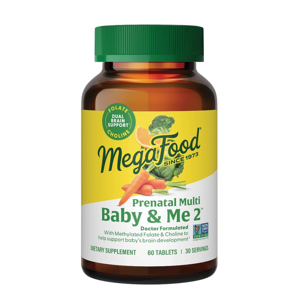 MegaFood Baby & Me 2 Prenatal Vitamin og Min - Vitamin til Kvinder - med Folate (Folinsyre naturlige form), Cholin, Jern, Jod, og C-vitamin, D-vitamin og mere - 60 Tabs (30 Servere)