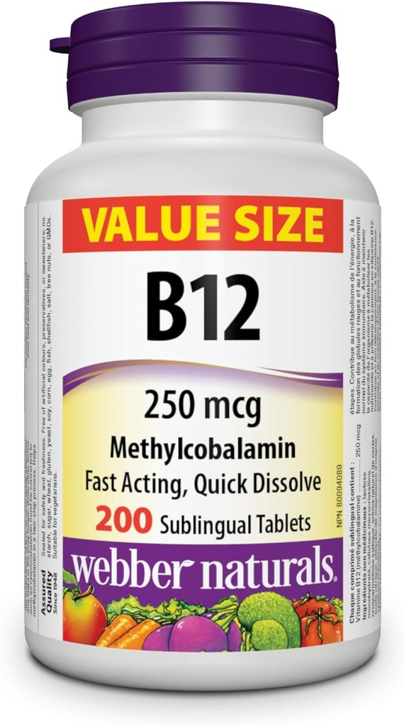 Webber Naturals Vitamin B12 250 mikrogram methylcobalamin, 200 Sublinguale tabletter