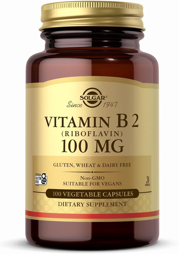 Solgar Vitamin B2 (Riboflavin) 100mg - 100 Vegetabilske kapsler - Non- GMO, Vegan, Gluten Free, Dairy Free, Kosher - 100 Servere