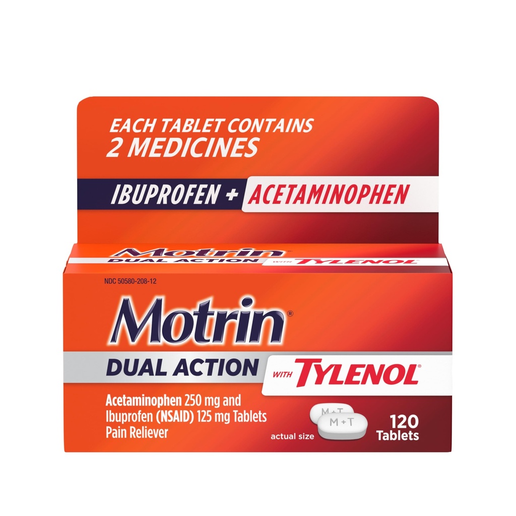 Motrin Dual Action with Tylenol, Ibuprofen & Acetaminophen Fast- Active Dual Action Pain Reliever for Minor Aches & Pains, Ibuprofen (NSAID) 125 mg & Acetaminophen 250 mg, 120 ng
