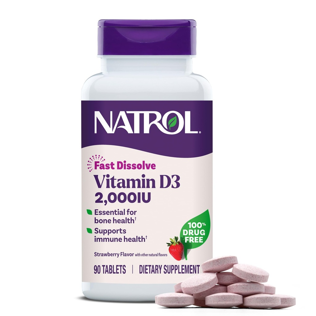 Natrol Fast Opløs vitamin D3 2000 IE, Kosttilskud til ben og fælles sundhed, Knogletilskud, 90 tabletter, 90 dages forsyning
