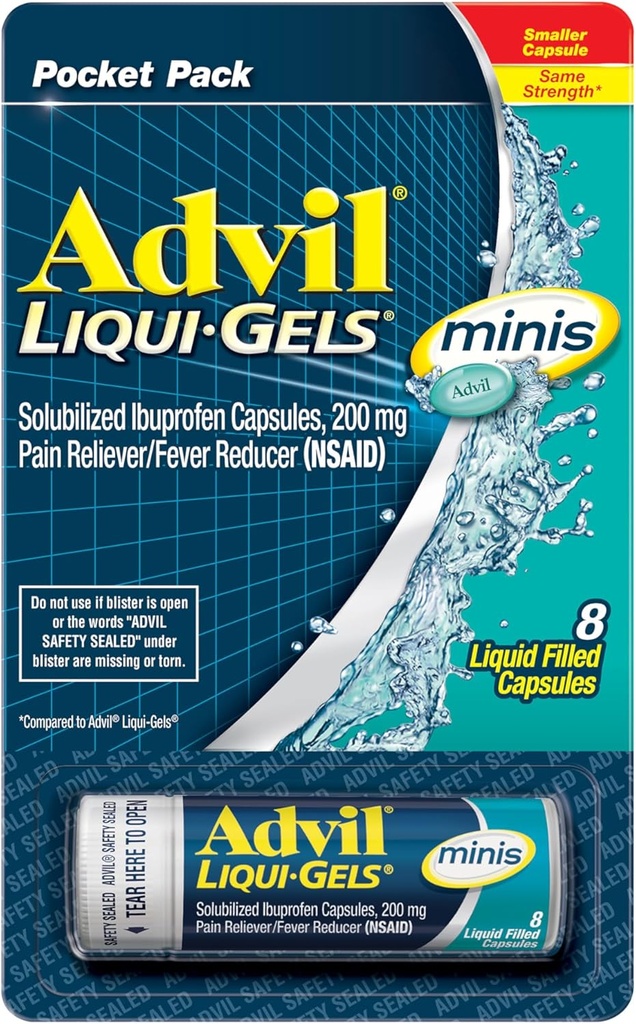 Advil Liqui- Gels minis Smerte Reliever og Feber Reducer, Smertemedicin for voksne med Ibuprofen 200mg for smertelindring - 8 flydende fyldte kapsler