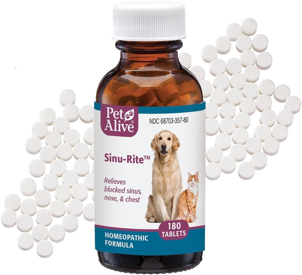 PetAlive Sinu- Rite Kat og hund nasal Congestion Relief - Homøopatiske tabletter - Understøtter midlertidig Relief fra Sinus Congestion, Runny Næse, Ansigtstryk - hund og kat nysen behandling - 180 Greve