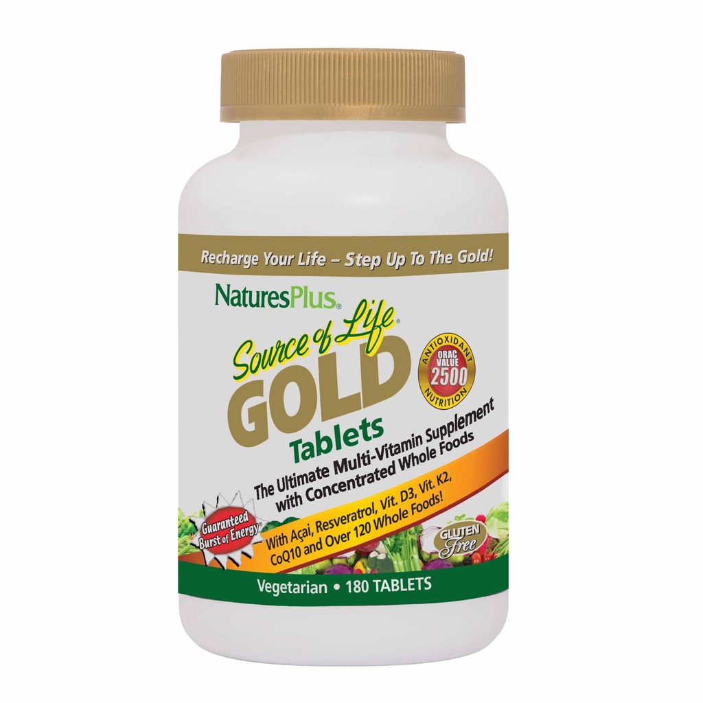 Natures Plus Kilde of Life Gold Multivitamin - 180 tabletter - Blood Support, Bone Support, Sund immunsystem - Inkluderer Vitamin D3, B12, K2 & over 120 Hele fødevarer næringsstoffer - 60 Servere