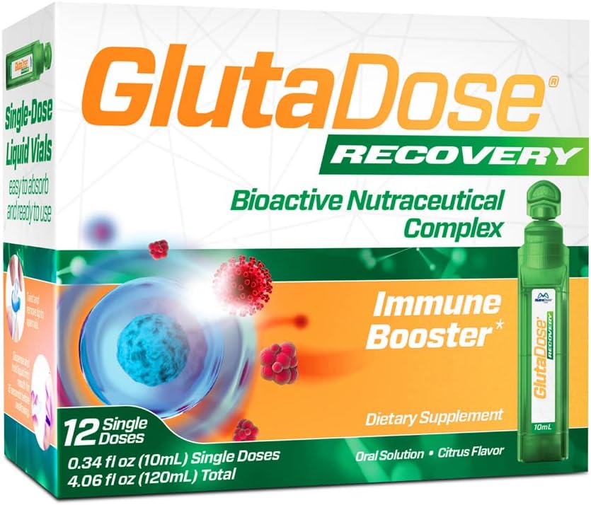 GlutaDose Recovery Immunity Supplement - Liquid Vitamins Immune Support for Kids & Adults, Cold & Flu Care Package (Glutathione Astragalus Echinacea Acerola) Immune Booster for Women Men - 12 Vials