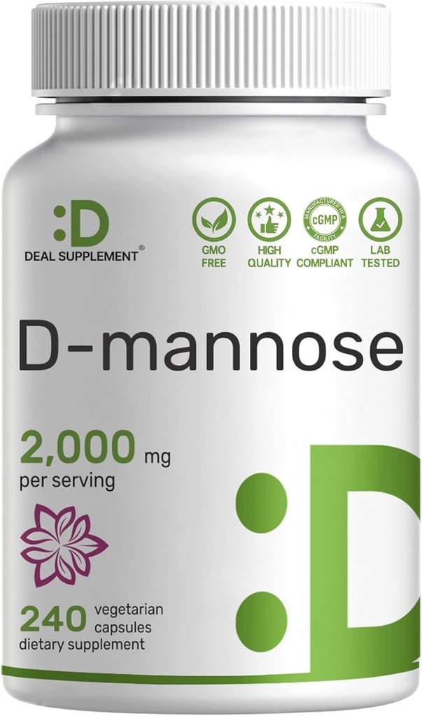 DEAL SUPPLEMENT D Mannose 500mg kapsler (2 000 mg per servering), 240 Veggie piller - hurtig fungerende vandopløselig form - Ekstra styrke Urinary Tract (UTI) Health Support - non-GMO, Vegan Venlig