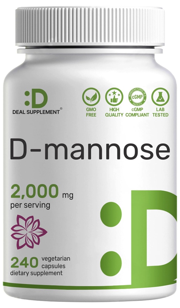 DEAL SUPPLEMENT D Mannose 500mg kapsler (2 000 mg per servering), 240 Veggie piller - hurtig fungerende vandopløselig form - Ekstra styrke Urinary Tract (UTI) Sundhedsstøtte - Non-GMO, Vegan Friendly
