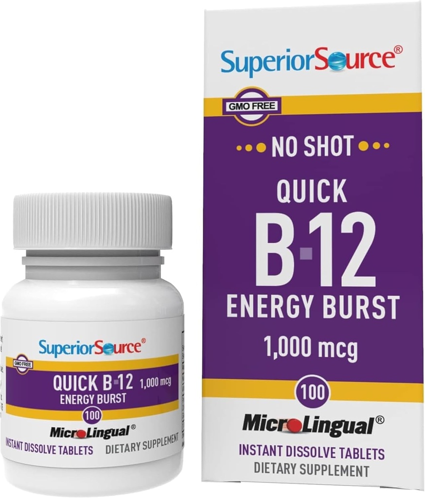 Superior Source NO Shot Quick Energy Burst B- 12 1.000 mcg - Premium Nervesystemet Support - Non-GMO & Gluten- Free - 100 MicroLingual Instant Opløs tabletter