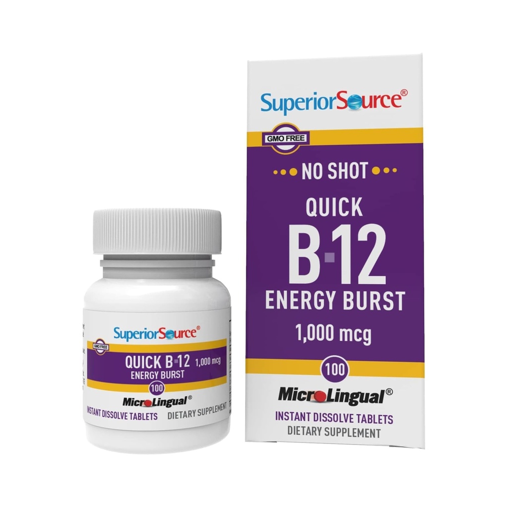 Superior Source NO Shot Quick Energy Burst B-12 1,000 mcg - Premium Nervous System Support Supplement - Non-GMO & Gluten-Free - 100 MicroLingual Instant Dissolve Tablets