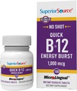Superior Source NO Shot Quick Energy Burst B- 12 1.000 mcg - Premium Nervesystemet Support - Non-GMO & Gluten- Free - 100 MicroLingual Instant Opløs tabletter