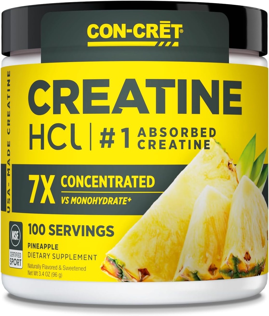 CON- CRET Creatin HCl Pulver • 124; Muskel, Kognitiv, Cellular Energy Support • 124; Ingen Bloating eller Cramps • 124; USA Made & NSF Certified • 124; Ananas (100 Servering)