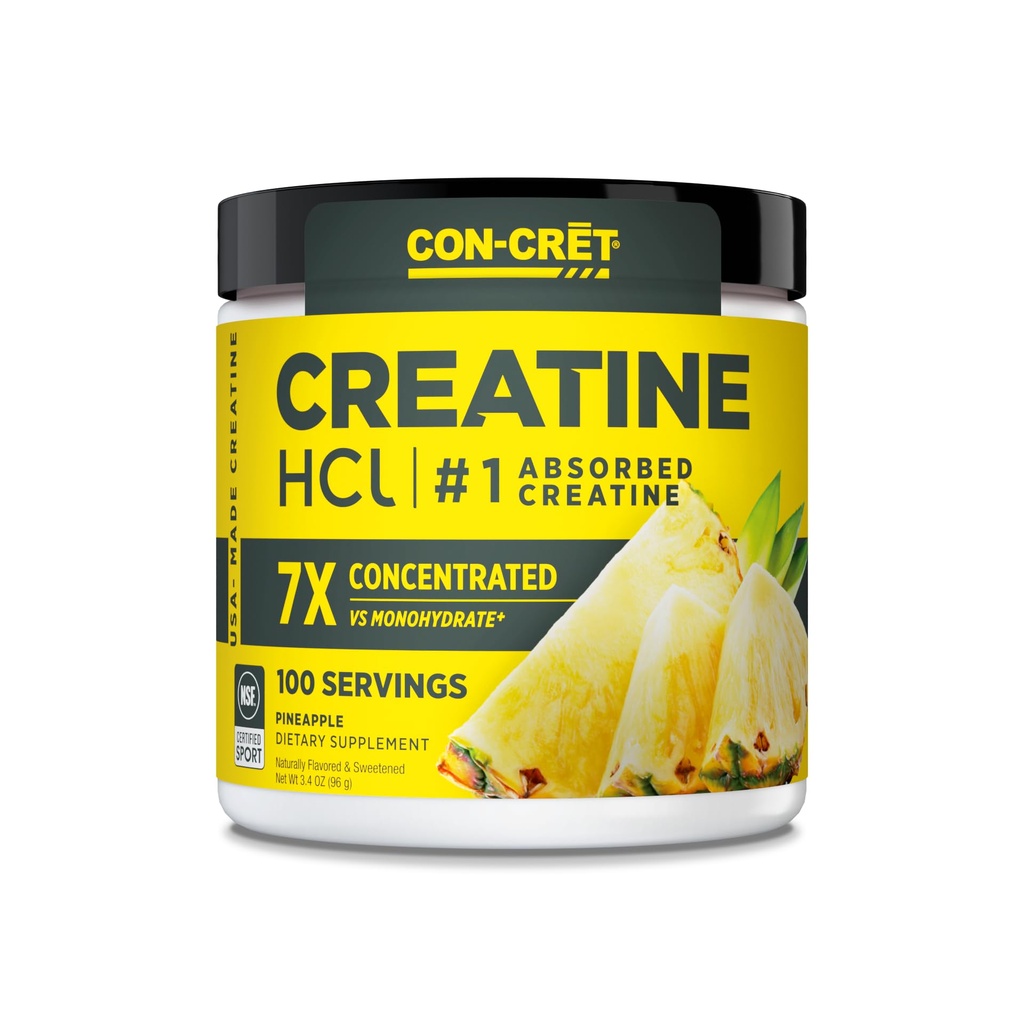 CON- CRET Creatin HCl Pulver • 124; Muskel, Kognitiv, Cellular Energy Support • 124; Ingen Bloating eller Cramps • 124; USA Made & NSF Certified • 124; Ananas (100 Servering)