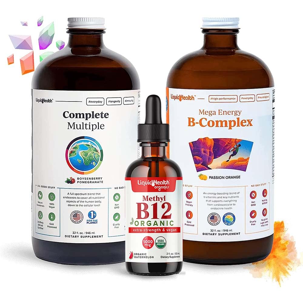 LIQUIDHealth High Performance Vitamin Bundle for voksne med Mega Energy B- Complex, Komplet multiple Multivitamin & Organic Vitamin B12 Drops - Boost Natural Energy & Forbedre Atletisk ydeevne