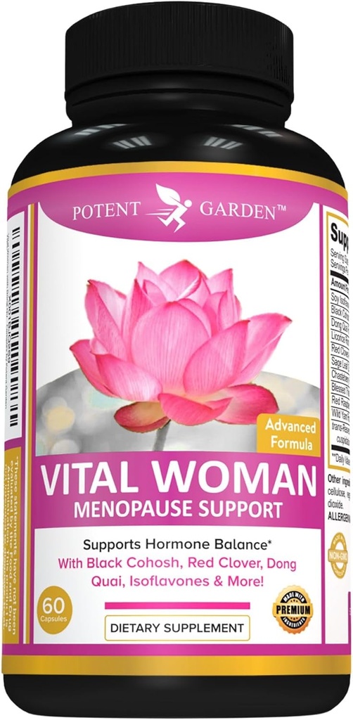 Potent have Menopause Relief supplement med Black Cohosh, Soy Isoflavoner, og Don Quai, Hot Flash Relief & Night Sweats Relief for kvinder, non-GMO, 60 kapsler, 30 Servere