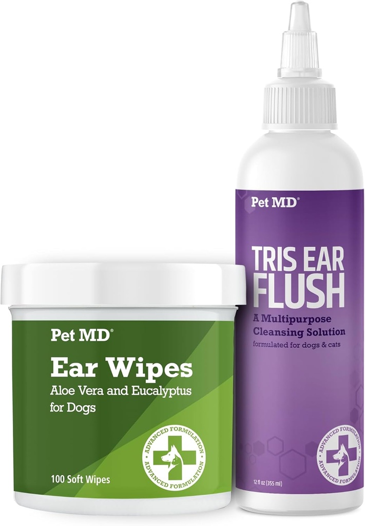 Pet MD Dog Ear Cleaning Wipes med Aloe og Eucalyptus + Veterinary Tris Flush Cat & Dog Ear Cleaner