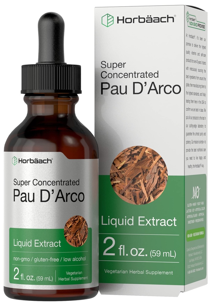 Horbaach PAU D Arco Bark Tincture Yester124; 2 fl oz Yester124; Tabebuia Avellanedae Herb Extract Yester124; Lave alkoholholdige flydende dråber 124; Vegetar, Non- GMO & Gluten Free Herbal Supplement