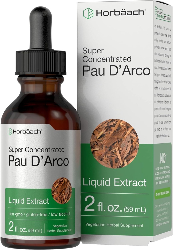 Horbaach PAU D Arco Bark Tincture Yester124; 2 fl oz Yester124; Tabebuia Avellanedae Herb Extract Yester124; Lave alkoholholdige flydende dråber 124; Vegetar, Non- GMO & Gluten Free Herbal Supplement