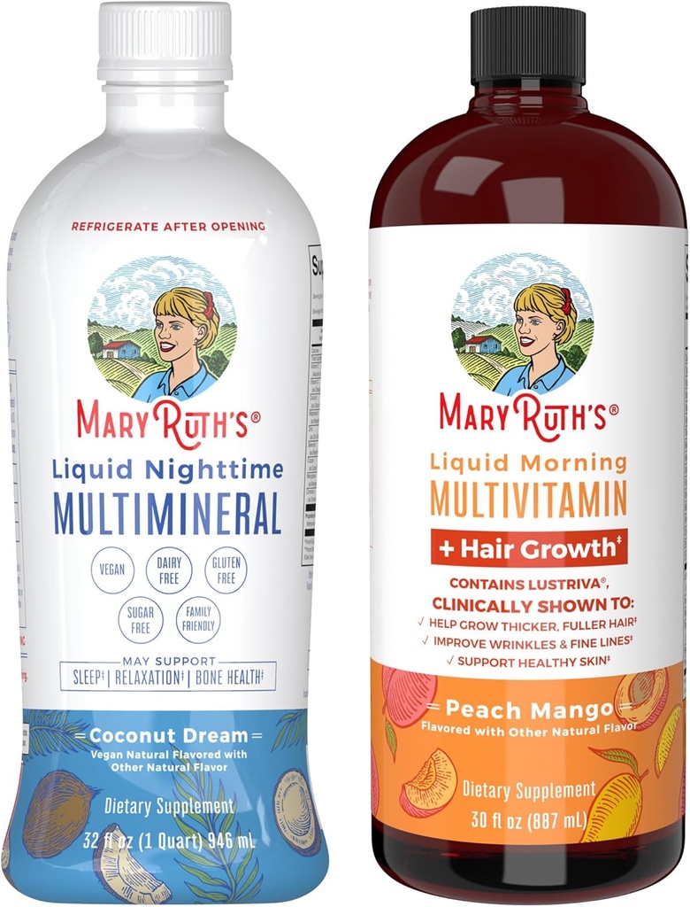 MaryRuth 's Nighttime Multimineral (kokos, 32oz) & Multivitamin Væske + hårvækst (Peach Mango, 30oz)