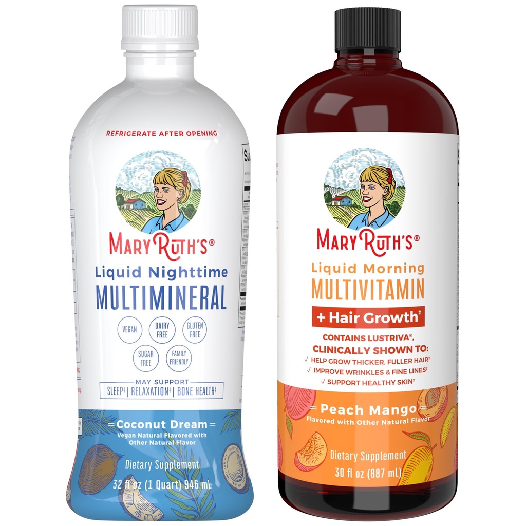 MaryRuth 's Nighttime Multimineral (kokos, 32oz) & Multivitamin Væske + hårvækst (Peach Mango, 30oz)
