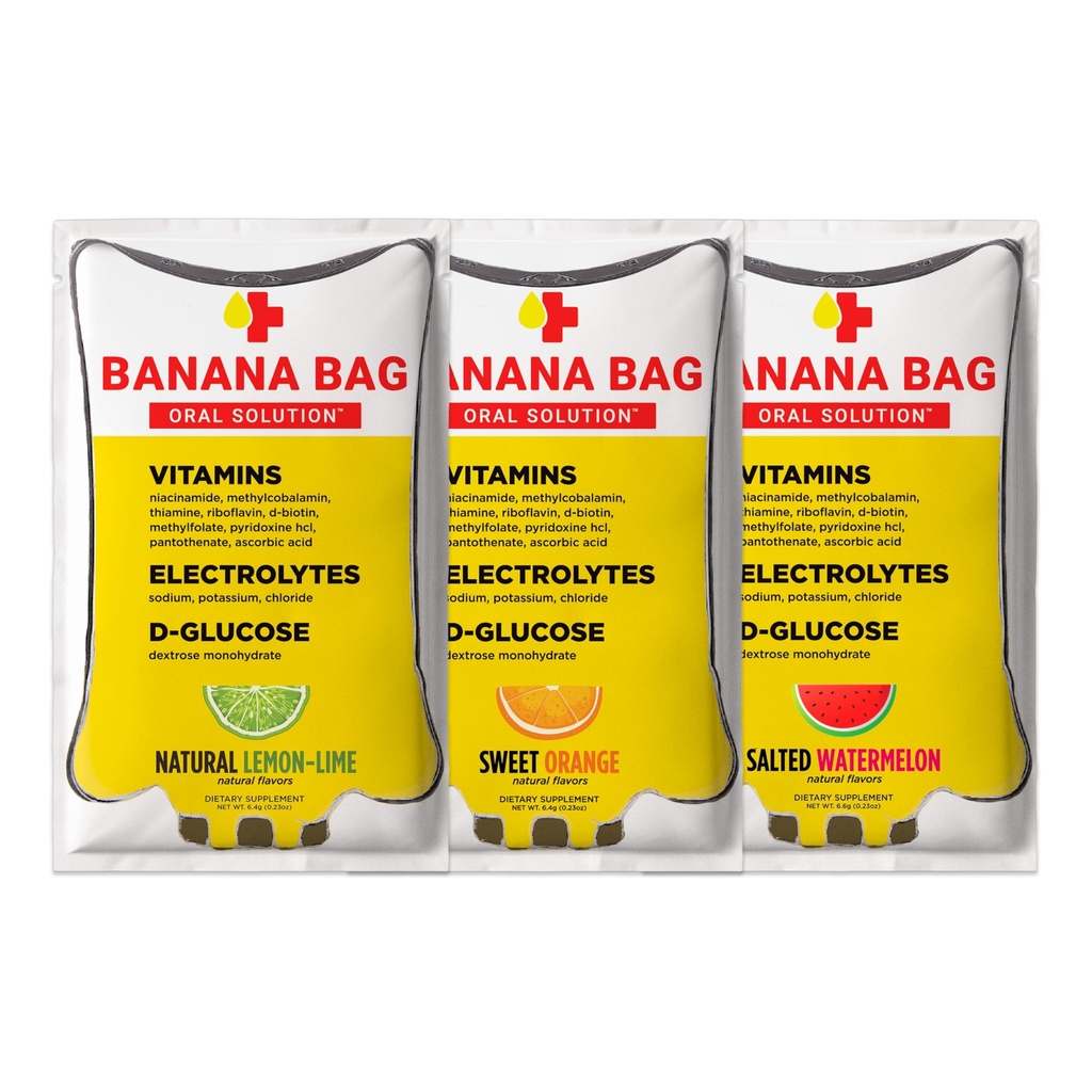 Bananpose Oral Solution Pakker - Variety Pack 6pk Budd124; En opfriskende blend af elektrolyter, C-vitamin, og B- Complex Budd124; Frembygget til hydrering og en daglig boost Anytime - hjemme, arbejde, eller på farten