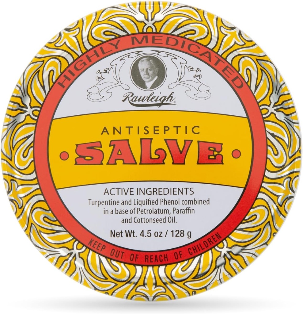 Rawleigh Antiseptisk Salve Iconic Gul Big Tin: 4.5 oz, Natural, Multi- Formål Salve Sothes Skin Cuts, Bruises, Irritations, med Turpentine, Phenol, Cottonseed Oil, Original Formel - pakke med 1