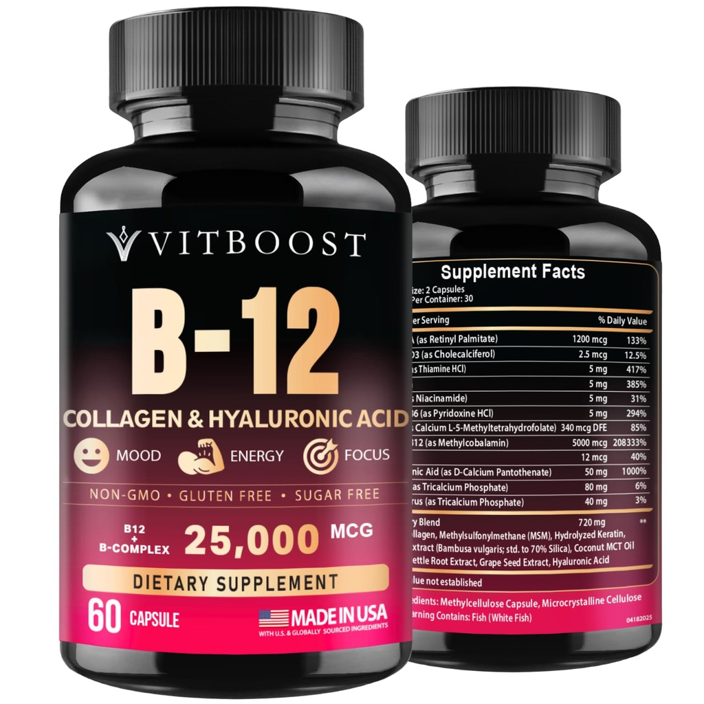 B12 med Hyaluronsyre, Collagen og Folate - 25000 mcg B12 Complex - 124; Maksimer Absorption & Energy - 124; Gluten Free USA Made, B1, B2, B3, B6, B7, B12 Vitaminer 5000 mcg Methylcobalamin - 60 kapsler