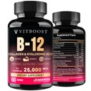 B12 med Hyaluronsyre, Collagen og Folate - 25000 mcg B12 Complex - 124; Maksimer Absorption & Energy - 124; Gluten Free USA Made, B1, B2, B3, B6, B7, B12 Vitaminer 5000 mcg Methylcobalamin - 60 kapsler