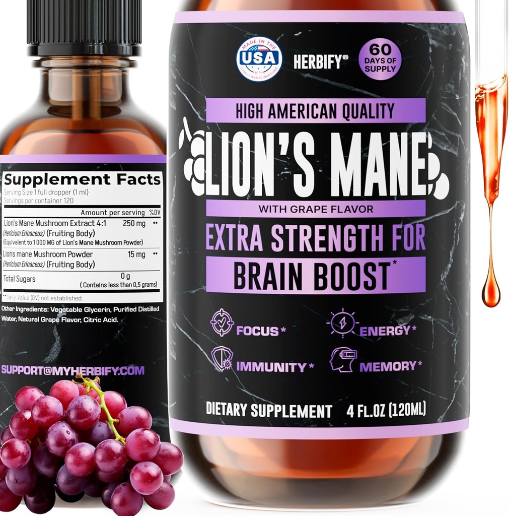 HERBIFY Lions Mane Supplement - Daglig Mushroom supplement til hukommelse, fokus og klarhed - Brain Booster - Lions Mane tinktur for immunforsvar - 4 Fl oz Grape Flavor