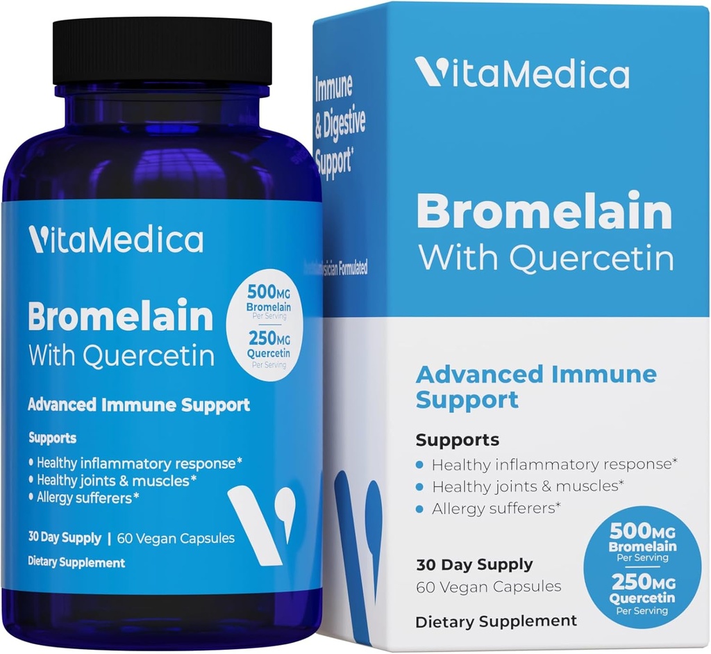 VitaMedica Bromelain & Quercetin Supplement - 500mg Bromelain 250mg Quercetin - 2400 GDU for Immunitet, fælles støtte, inflammation og muskel Inddrivelse - 60 Veganske kapsler - 30 Servere
