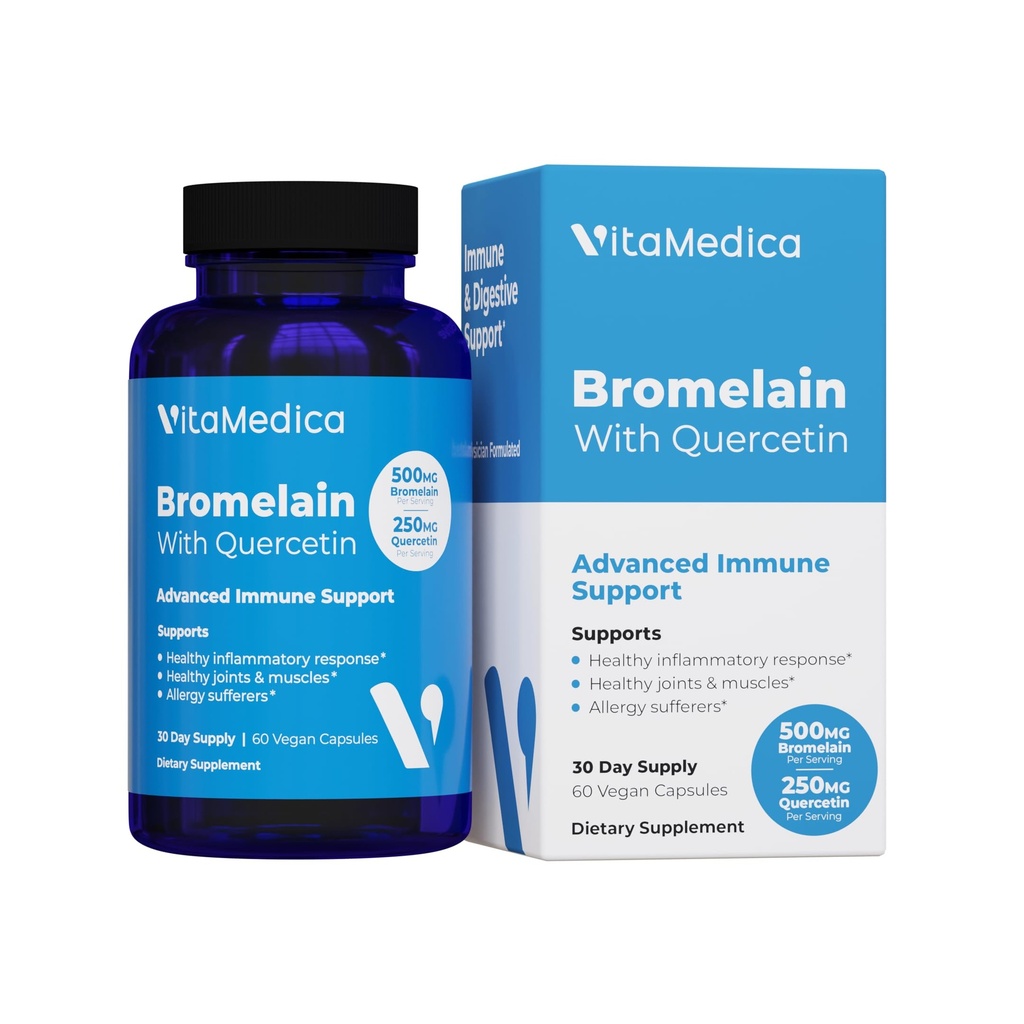 VitaMedica Bromelain & Quercetin Supplement - 500mg Bromelain 250mg Quercetin - 2400 GDU for Immunitet, fælles støtte, inflammation og muskel Inddrivelse - 60 Veganske kapsler - 30 Servere