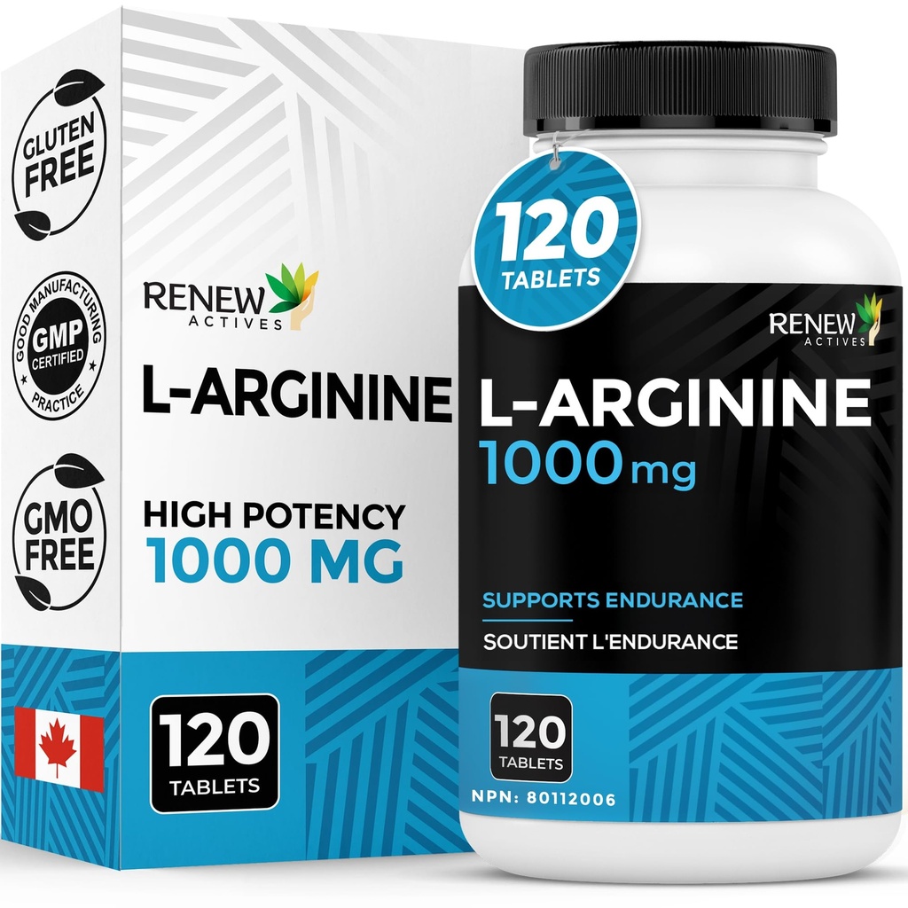Renew Actives L- Arginin Supplement 1000MG for Servering - Styrke & Endurance, Essential for Protein Syntese & Muskelfunktion, Fysisk Performance Booster - Made in Canada - 120 tabletter