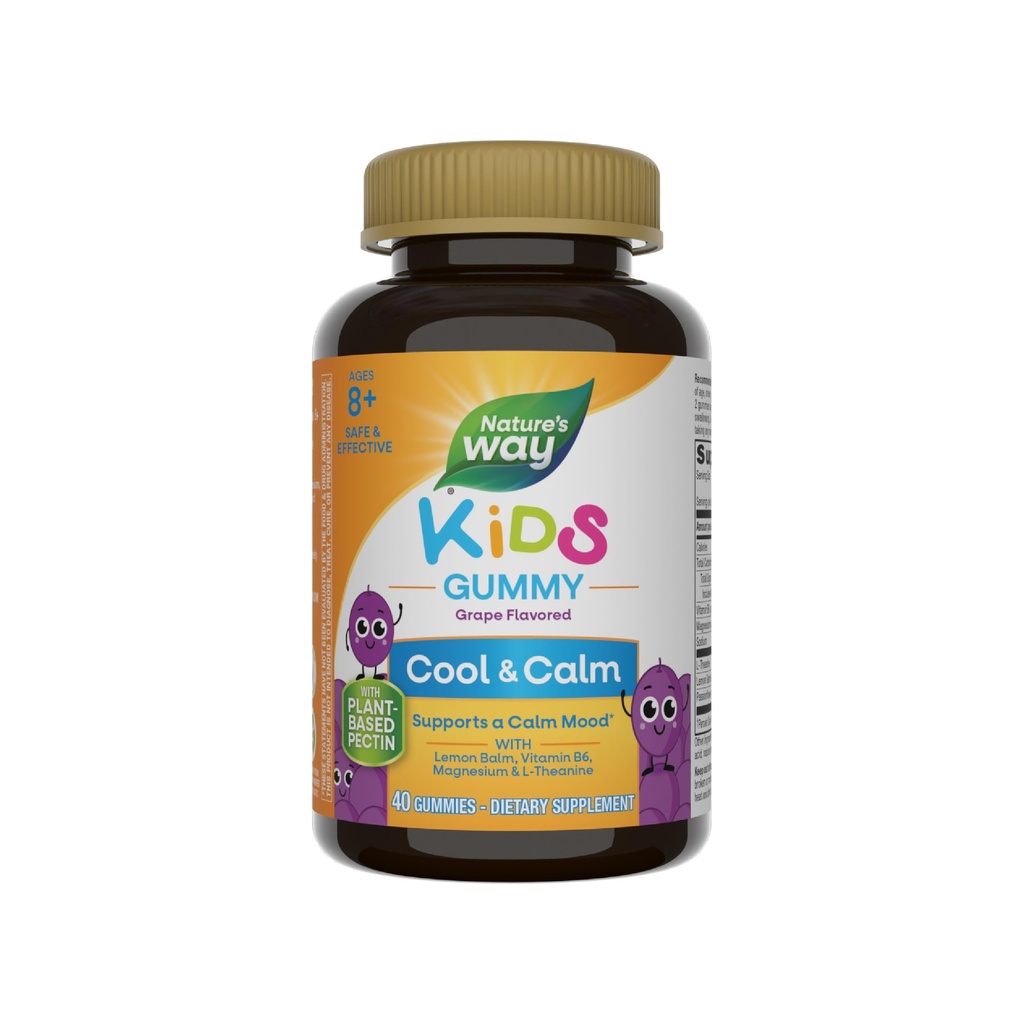 Nature 's Way Kids Cool & Call Gummies, Understøtter en rolig mad i børn alder 8 + *, Lemon Balm, Magnesium, B6-vitamin, L- Theanine, Grape Flavored, Vegetar, 40 Greve (Packaging May Vary)