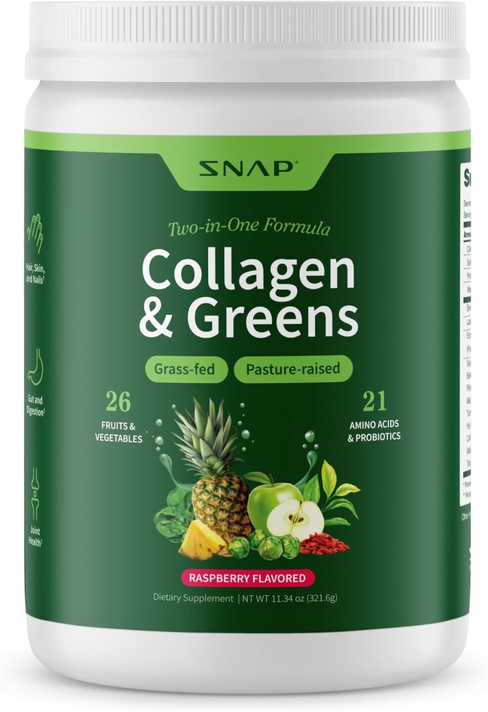 Snap Kosttilskud Super Green Powder med Collagen Peptider, 26 Frugter og grøntsager, Græs Fed, Non- GMO Daily Green for Hår, Hud, Nails & fælles støtte, 11.34 oz, (30 Servere, 1 Måned Supply)