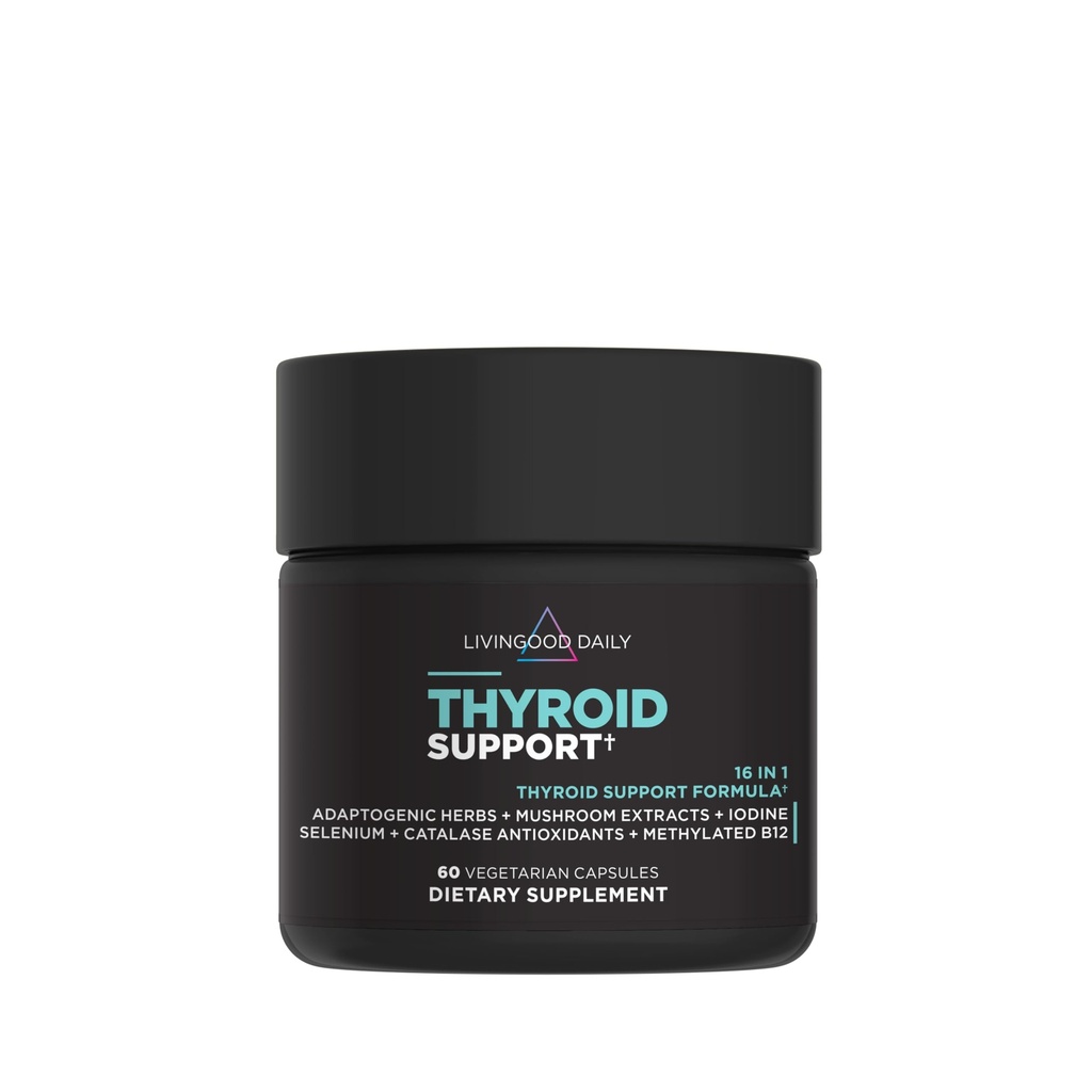 Livingood Daily Thyroid Support, 16- in-1 Wellness Blend med adaptogene urter, jod, Magnesium og Selen, Thyroid Support til kvinder & mænd, Vegetariske Kapsler, Gluten Free, 60 Greve