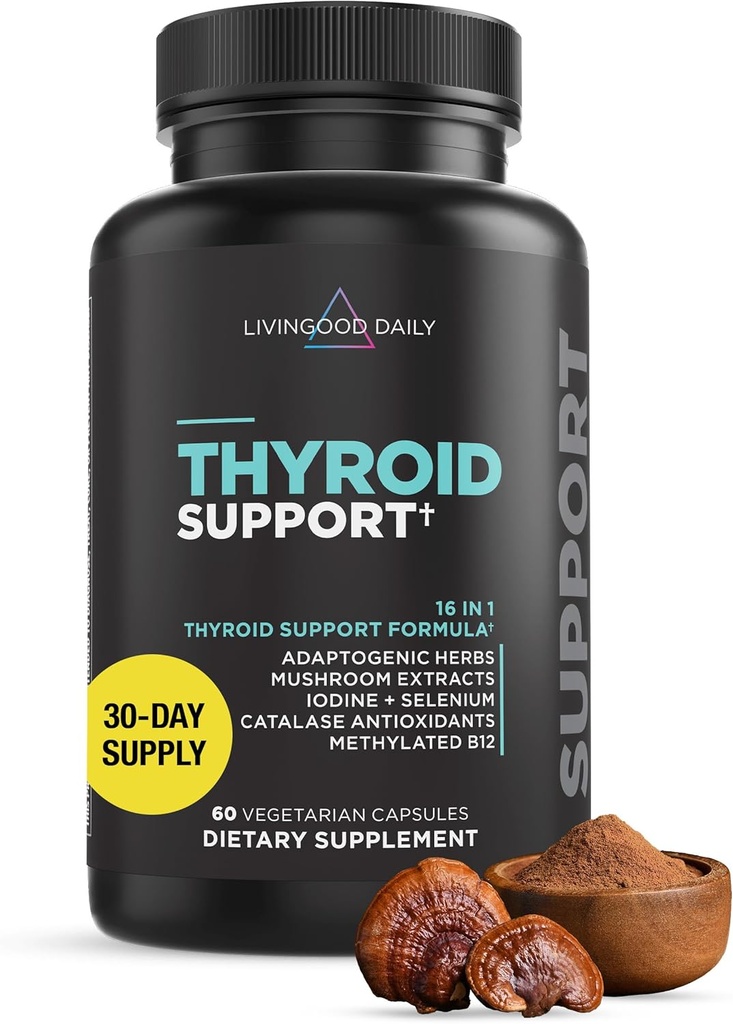 Livingood Daily Thyroid Support, 16- in-1 Wellness Blend med adaptogene urter, jod, Magnesium og Selen, Thyroid Support til kvinder & mænd, Vegetariske Kapsler, Gluten Free, 60 Greve